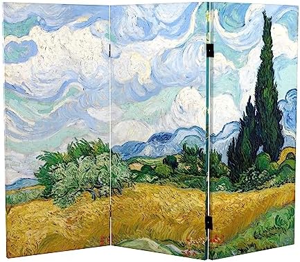 Red Lantern Double Sided Works of Van Gogh Canvas Folding Screen - Almond Blossoms/Wheat Field, 3 ft Short - 3 Panel - Image 6