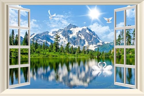 Fake Window Wall Decal- Summer Mountains Lake Open Wall Art Poster Sticker | Faux Window Blue Sky and White Clouds Natural Landscape Mural｜ Stick and Peel Decals｜for Room Decor｜48"x32",Set of 2 Sheets by Clickhere