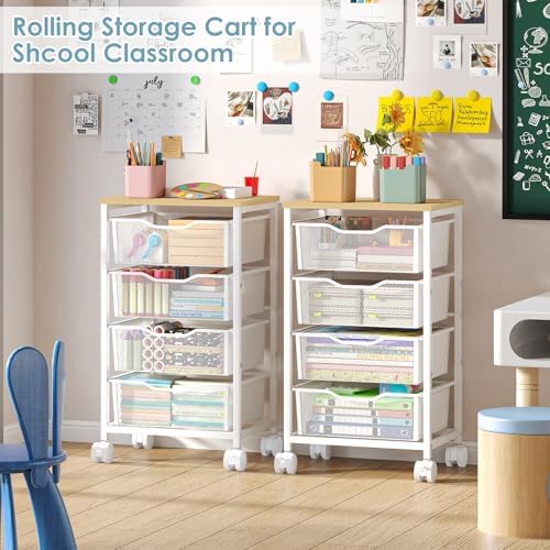 Hongtamoya Rolling Cart with Drawers, Storage Cart with Wheels Metal Rolling Drawer Cart with Lockable Wheels and Wood Tabletop Craft Storage Art Cart for Living Room Bedroom Classroom Office White - Image 2