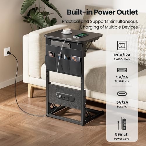 HLDIRECT C Shaped End Table with Charging Station & Storage Bag Black - Image 4