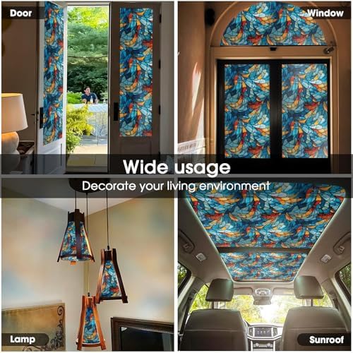 Blue Orange Yellow Geometric Mosaic Stained Glass Window Films Decorative Double-Side Privacy Film Self-Adhesive Static Glass Clings for Living Room Bathroom Decor - Image 5