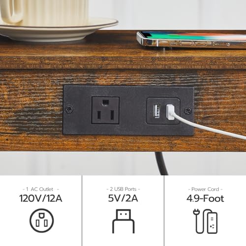 HOOBRO Side Table with Charging Station, End Table with USB Ports and Outlet, Small Nightstand with 2-Tier Storage Shelf, Faux Rattan Decoration, for Small Space, Rustic Brown and Black BF91UBZ01 - Image 5