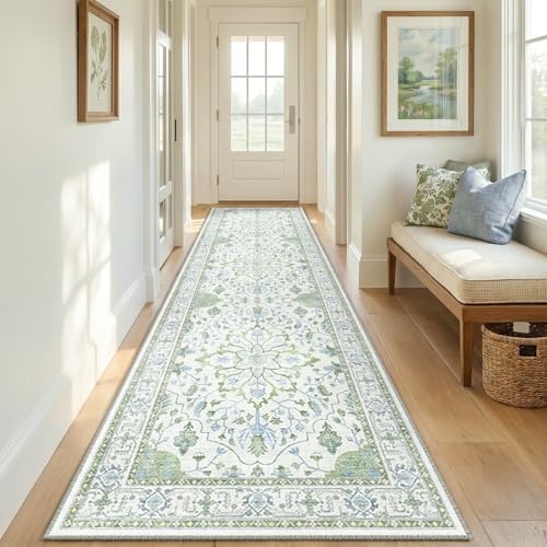 RELEANY Washable Area Rug, Runner 2'x8', Green/White/Blue - Image 2