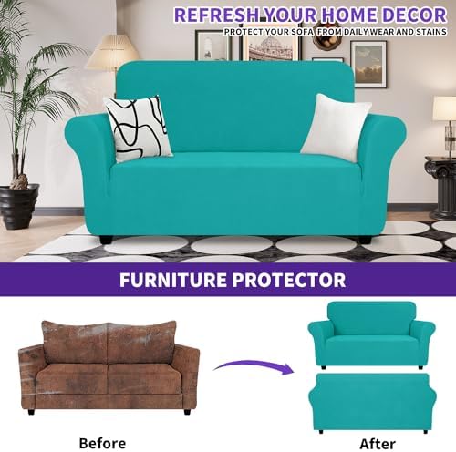 ZNSAYOTX Super Stretch Loveseat Covers (57"-70"), New Striped Love Seat Slipcover, Dogs Pet Friendly Anti-Slip Couch Protector Spandex Durable 2 Seater Fabric Sofa Cover (Loveseat, Peacock Teal) - Image 2