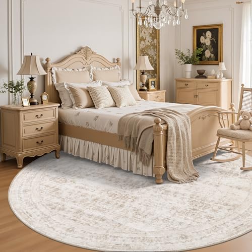 Round Area Rug for Living Room: 4ft Boho Washable Rug Beige Brown - Image 4