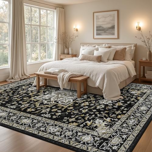 10x14 Area Rugs Living Room: Washable Rug for Bedroom Black Gold - Image 3