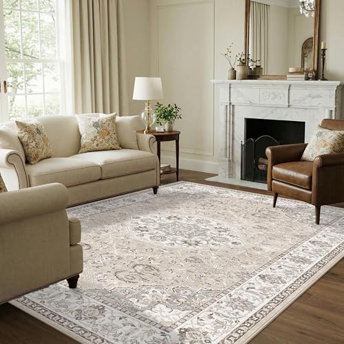 Living Room 6x9 Area Rugs: Farmhouse Washable Ultra Soft Carpet for Bedroom Nursery Indoor Vintage Stain Resistant Rug for Dining Room Non-Slip Durable Neutral Floor Mat for Pet Owners(6x9 Beige) by HYHAOYUNLAI