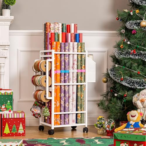 Aquzee Gift Wrapping Paper Organizer Storage, Rolling Gift Wrap Storage Stand, Vertical Wrapping Paper Storage Cart, Ribbon Organizers, 12 PCS Slap Bracelets, Adjustable Rod Design, White - Image 2