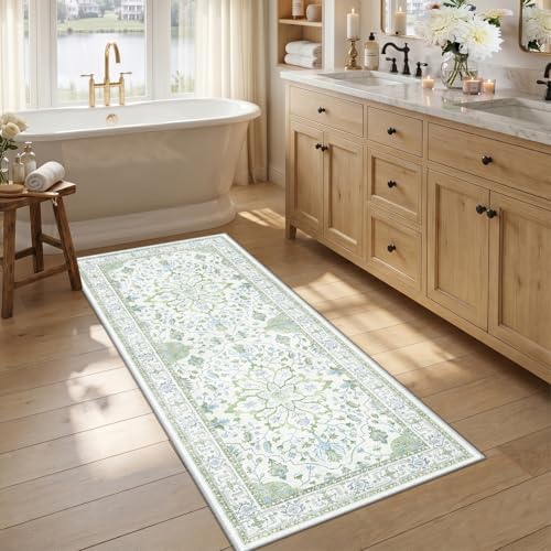 RELEANY Washable Area Rug, Runner 2'6"x5', Green/White/Blue by RELEANY
