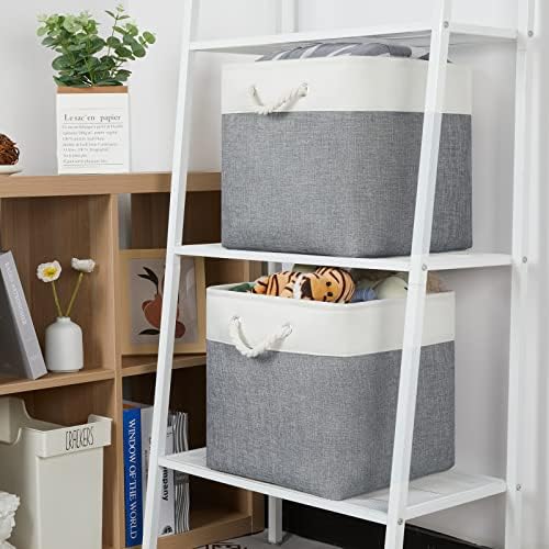 Temary Fabric Baskets 13 Inch Cube Storage Baskets with Rope Handle, Storage Cube Bins Clothes Basket for Gift, Large Storage Bins for Storage Books, Blankets (White&Gray) - Image 3