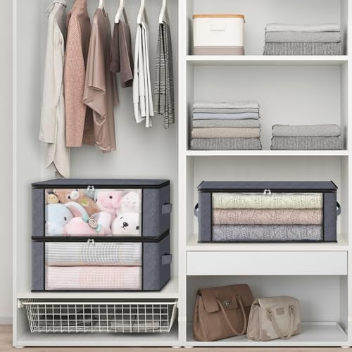 HomeHacks Storage 4-Pack Clothes Organizer Storage Bags Foldable Storage Box with Large Clear Window Sturdy Handles for Closet, Dorm, Pillows, Bedding, Clothes, Stuffed Toys, Blankets, Grey - Image 5