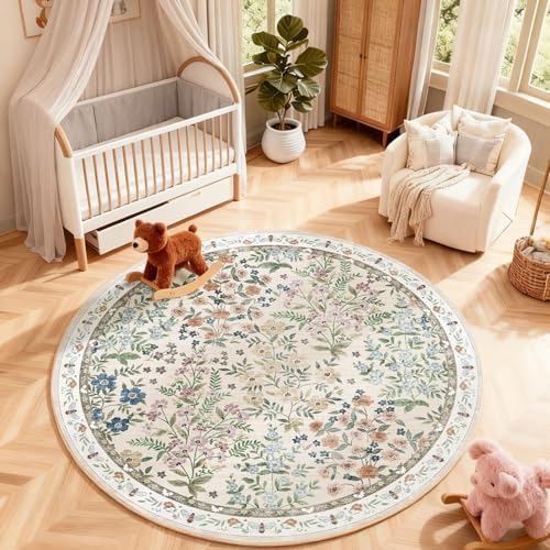 Washable Round Rugs for Bedroom 4ft: Living Room Rug Stain Resistant Non Slip Low Pile Ultra Soft Faux Wool Small Circle Rugs for Entryway Kitchen Bathroom Nursery Entrance Dorm Home Office Indoor - Image 6