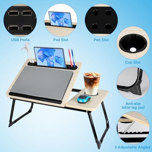 Laptop Bed Desk, Adjustable Lap Desk, Small Laptop Table with USB Charge Port, Desktop Card &Pen Slot, Cup Holder, Foldable Bed Tray Table for Couch Sofa Chair Floor Eating Working - Image 3