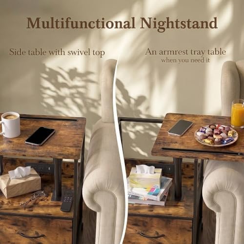 Faesun Swivel Lift Top Nightstand with Charging Station, Rolling Side Table for Recliner, Bedside Table with Wheels & a Fabric Drawer, for Small Spaces, for Bedroom, Living Room, Brown - Image 2