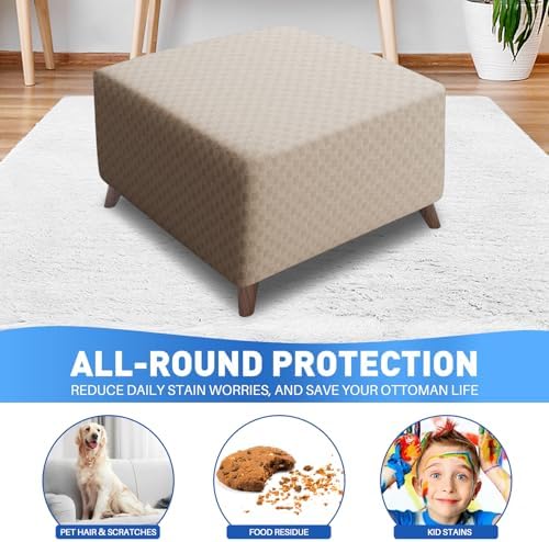 MAXIJIN Jacquard Ottoman Cover Slipcovers Folding Storage Stool Furniture Protector Cover Soft Thick Rectangle Foot Rest Slipcover with Elastic Bottom (Ottoman Small, Khaki) - Image 2