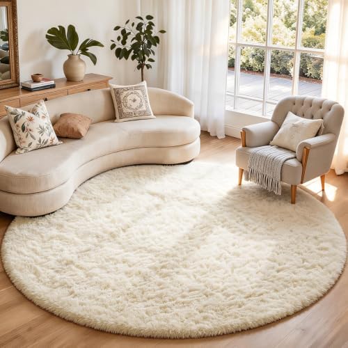 Ophanie Round Rugs 7Ft Ivory Circle Area Rug Washable, Living Room Aesthetic Decor, Fluffy Fuzzy Bedroom Carpet, Plush Soft Shaggy Cream Rugs for Kids Home Decor, Nursery with Over 99 pcs Pile fibers by Ophanie