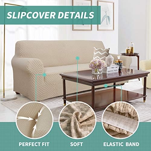 YEMYHOM Couch Cover Latest Jacquard Design High Stretch Sofa Covers for 3 Cushion Couch, Pet Dog Cat Proof Slipcover Non Slip Magic Elastic Furniture Protector (Sofa, Khaki) - Image 3