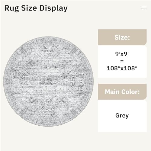 Soalmost Round Rugs 9ft Living Room Circle Area Rug 9x9 Grey Vintage - Image 3