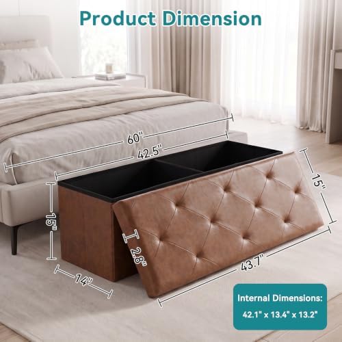 OLIXIS 43 Inch Folding Storage Ottoman Bench, Brown Ottoman with Storage - Image 3