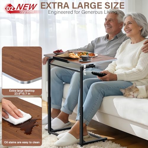 Extra Large Heavy Duty TV Tray Table, 23.6" Folding C-Shaped Laptop Desk for Couch & Bed, Height & Tilt Adjustable Overbed End Table with Phone/Tablet Slot, Easy Clean Walnut Finish for Small Spaces - Image 3