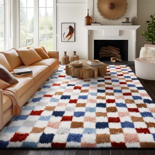 Ophanie Checkered Rainbow Rug for Living Room Bedroom,Colorful Fluffy Soft Cute Fuzzy Area Rugs,Shag Plush Shaggy Bedside Floor 8x10 Furry Carpet for Kids Teen Dorm Decor with Over 99 pcs Pile fibers - Image 3