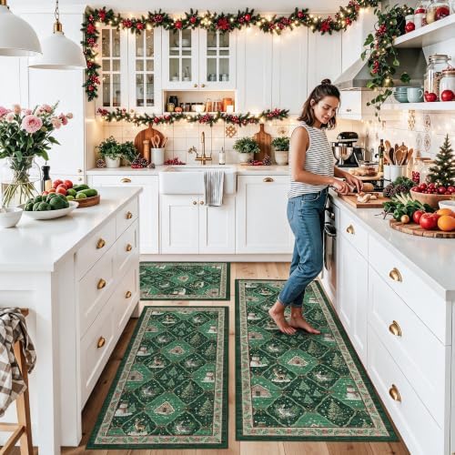 Christmas Decorations Kitchen Rugs Set of 3: Washable Non-Slip Kitchen Mat for Floor Snowman and Gnome Soft Vintage Farmhouse Runner Rug for Sink Floor Mats ＆Indoor, Hallway, Entryway, (Green) - Image 3
