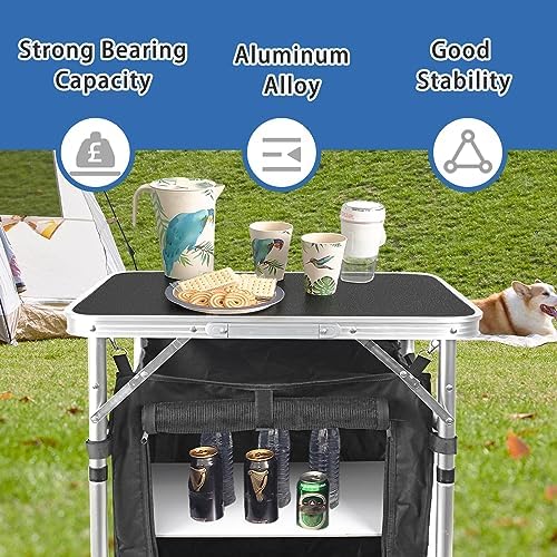 CampLand Folding Cooking Table Outdoor Portable Cook Station Aluminum Camping Kitchen with Storage Organizer, Windscreen, Hooks for BBQ, Party (SamllBlack) - Image 4
