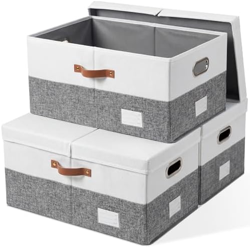 PRANDOM Storage Bins with Lids [3-Pack] Linen Fabric Foldable Storage Boxes Organizer Containers Baskets Cube with Cover for Bedroom Closet Office Grey&White (23.4X15.9X11.4) by Prandom