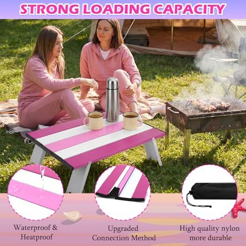 CroBlissful Beach Table Folding Camping Portable Table Striped White Aluminum Side with Carry Bag for Summer Camping Picnics and Outdoor Activities(16x11x5 in,Pink) - Image 4