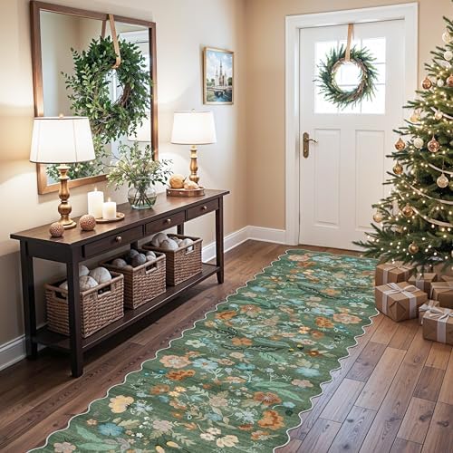Washable 2'6x12 Hallway Runner Rug: Soft Entryway Kitchen Floral Runners Non Slip Water Resistant Nursery Bathroom Floor Mat Light Weight Carpet for Living Room Bedroom (2'6x12 Floral/Green) - Image 2