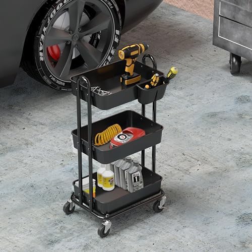 Simple Houseware 3-Tier Rolling Utility Cart with Hanging Bucket, Black - Image 6