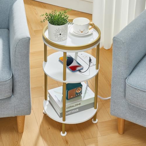 Small Round End Table with Charging Station, 3-Tier Accent Couch Beside Table with USB Ports & Power Outlets, Sofa Side Table for Living Room Small Nightstand Bedroom (USB Charger, White+Gold) - Image 5