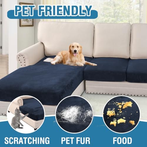 H.VERSAILTEX Velvet Stretch Sectional Couch Covers 4 Pieces Sofa Seat Cushion Covers L Shape Separate Cushion Couch Chaise Cover for Both Left/Right Couch (Large Sofa 3 Seater + 1 Chaise, Navy) - Image 3