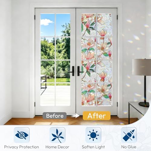 rabbitgoo Stained Glass Window Privacy Film, Magnolia, 17.5" x 157.4" - Image 4