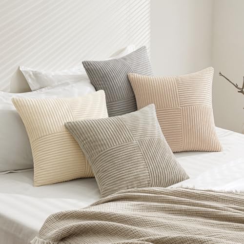 MIULEE Neutral Decorative Throw Pillow Covers 16x16 Inch Set of 4 for Livingroom Couch Sofa Modern Farmhouse Soft Corduroy Cushion Cases Striped Patchwork Home Decor (Cream,Grey) - Image 5