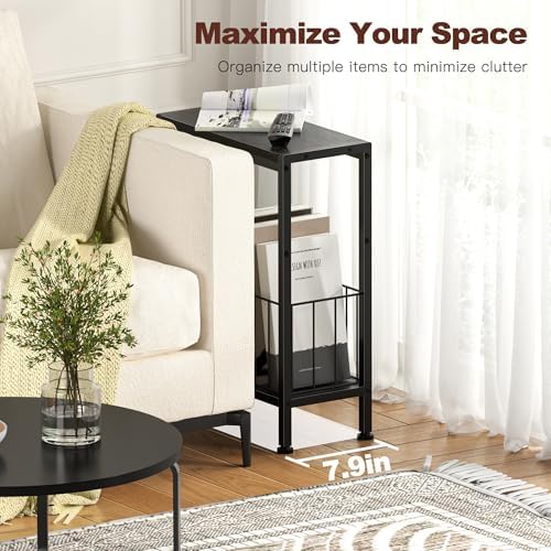 Narrow Side Table, Skinny End Tables with Magazine Holder, Small Sofa Table for Small Spaces, Space-Saving Design, Slim Nightstand Bedside Table for Living Room, Bedroom, Office, Black - Image 4