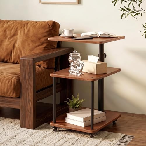 Rolling Side Table with Wheel for Living Room, Adjustable Height Swivel End Table for Different Seating Types, Ideal for Couch, Sofa, Recliner and Living Room, Natual Solid Wood by Bingyouth