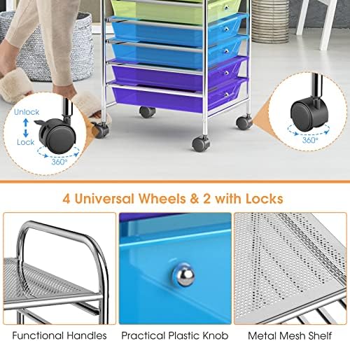 MEDIMALL 10 Drawers Rolling Storage Cart, Multipurpose Craft Storage Cart with Wheels, Mobile Tools Scrapbook Paper Organizer Cart for Office School Home Use (Rainbow) - Image 6