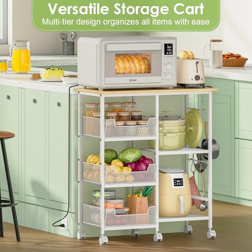 Rolling Kitchen Microwave Organizer Cart, Adjustable Shelves, White - Image 2