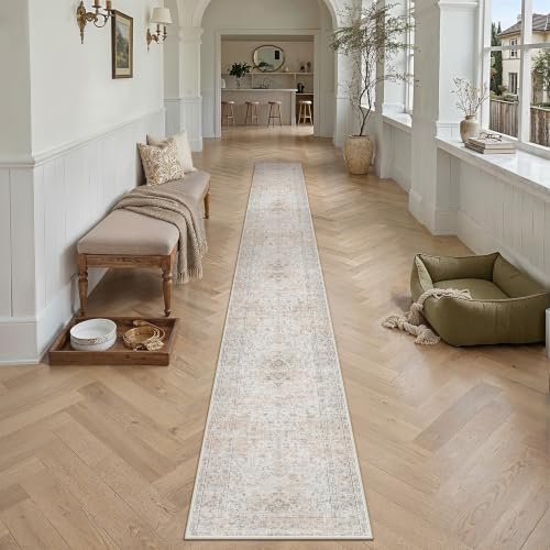 2x12 Washable Runner Rug Beige Grey Non Slip Vintage Carpet - Image 2