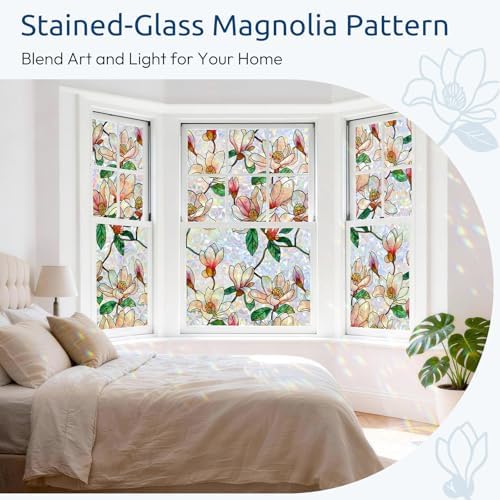 rabbitgoo Window Privacy Film Rainbow, Floral Magnolia, 35.4" x 157.4" - Image 2