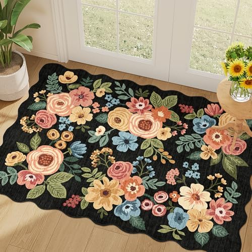 DUKINO 2x3 Rugs for Entryway, Floral Door Mat Washable Kitchen Rugs, Black by DUKINO