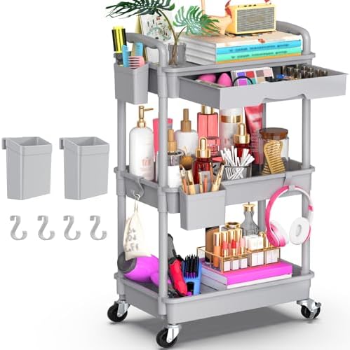 Goovilla 3 Tier Rolling Utility Cart Organizer with Removable Drawer, Grey by Goovilla