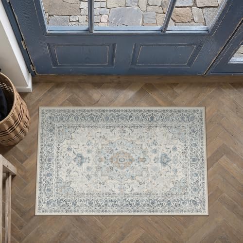 2x3 Washable Area Rug Navy Blue Non Slip Vintage Carpet - Image 2