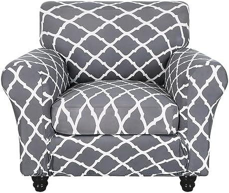 SearchI Stretch Sofa Cover Printed Couch Covers, Floral Pattern 2 Piece Armchair Slipcover with Separate Chair Cushion Cover, Washable Furniture Protector for Living Room(Armchair, Gray+White) by SearchI