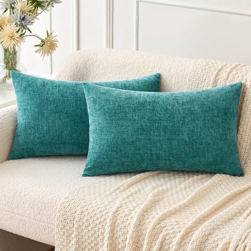 MIULEE Soft Chenille Lumbar Throw Pillow Covers Teal 12x20 Inch Pack of 2 by MIULEE