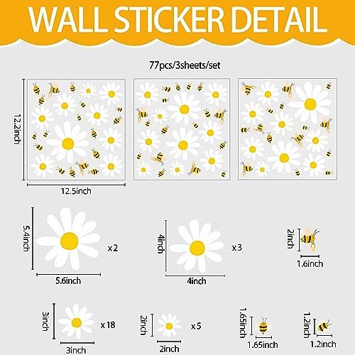 White Daisy and Bees Wall Stickers Easy to Peel and Stick Retro Flower Wall Decals for Girls Bedroom Nursery Living Room Office Floral Wall Decor - Image 5