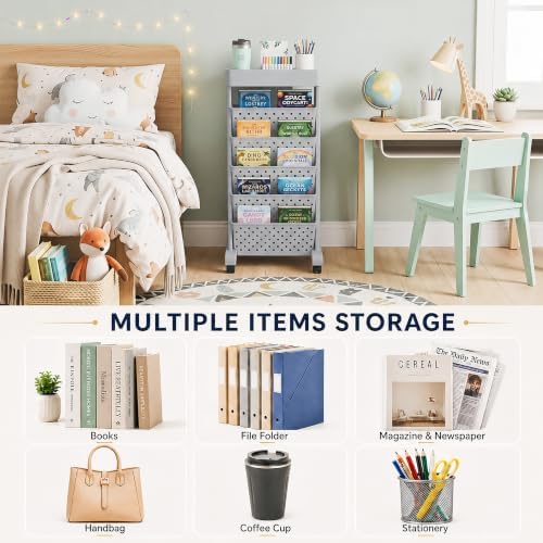 BYFU 6-Tier Rolling Bookshelf Cart, Grey - Image 5