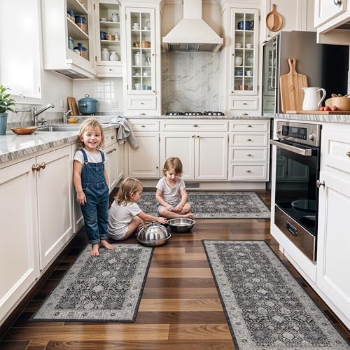 Washable 4-Piece Kitchen Floor Mats: Farmhouse Non-Slip Kitchen Sink Rug Easy Clean Water-Resistant Runners for Hallway Bathroom Soft Decorative Carpet for Pet Feeding Area(2x3+2x4+2x5+2x6,Black) by HYHAOYUNLAI