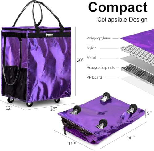 Medium Purple Reusable Grocery Bag on Wheels, Foldable Rolling Tote Bag - Image 5